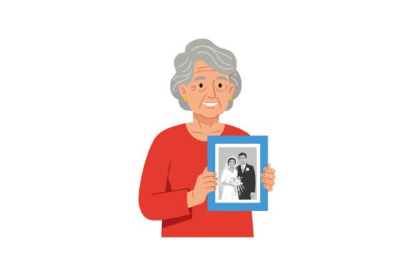 Elderly Woman Holding Wedding Photo Fram