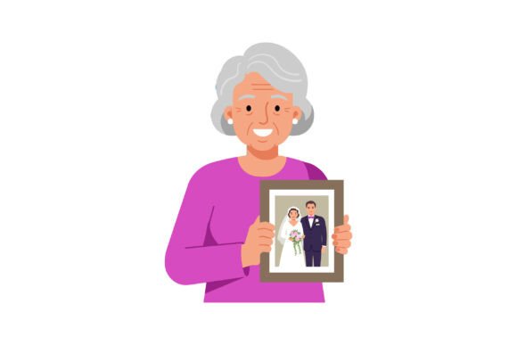 Elderly Woman Holding Wedding Photo of B