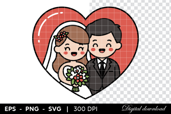 Wedding Couple in Heart Frame Cartoon